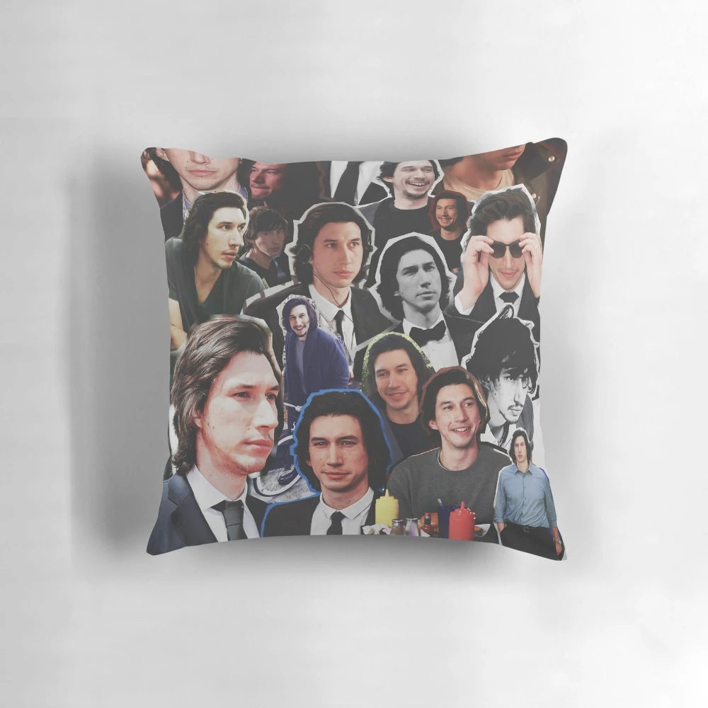 Collage of Adam Driver images printed on a soft, plush pillow