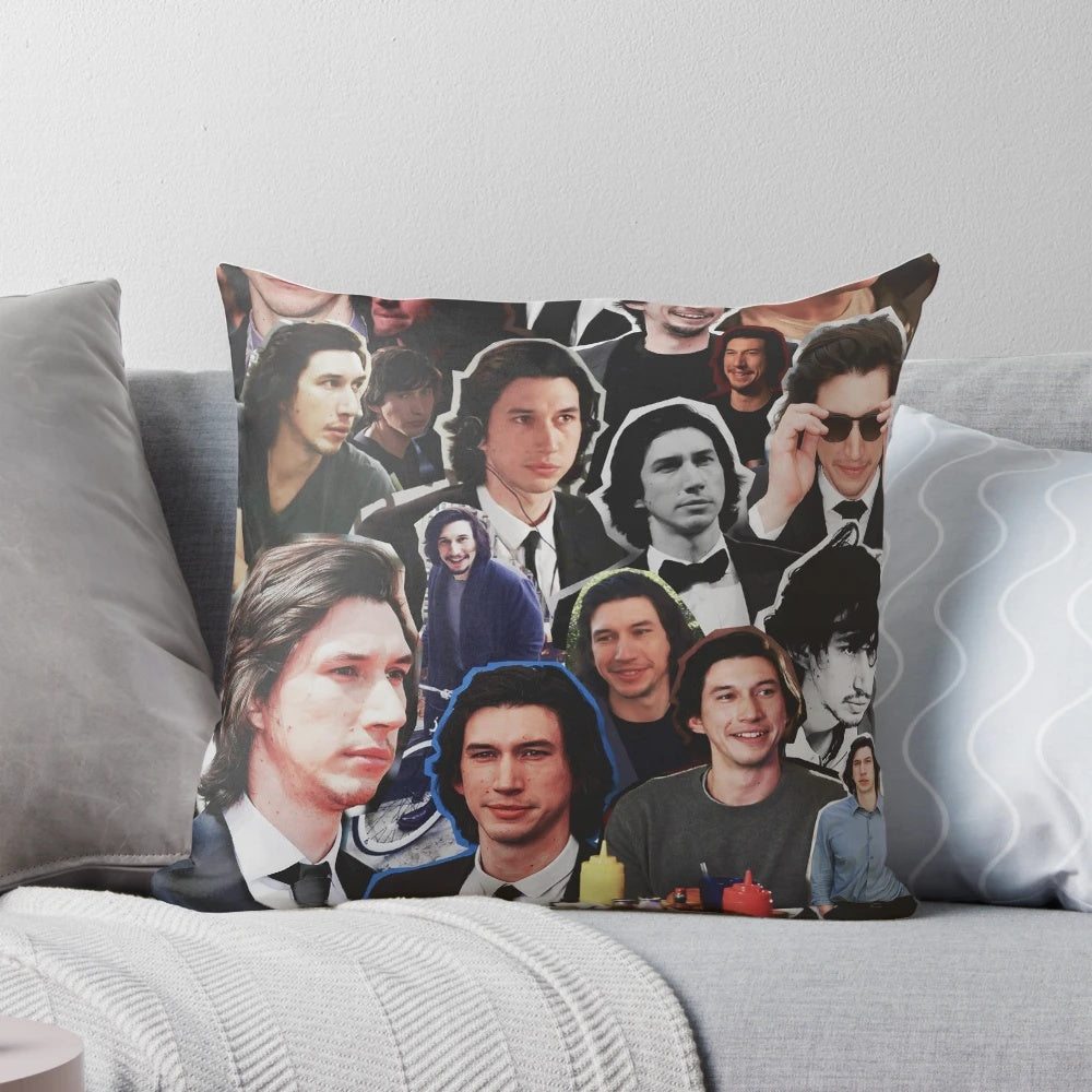 Collage of Adam Driver images printed on a soft, plush pillow