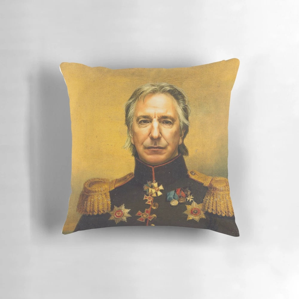 A custom pillow featuring a portrait of actor Alan Rickman, designed in a pop art style.