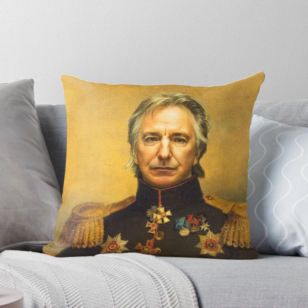 A custom pillow featuring a portrait of actor Alan Rickman, designed in a pop art style.