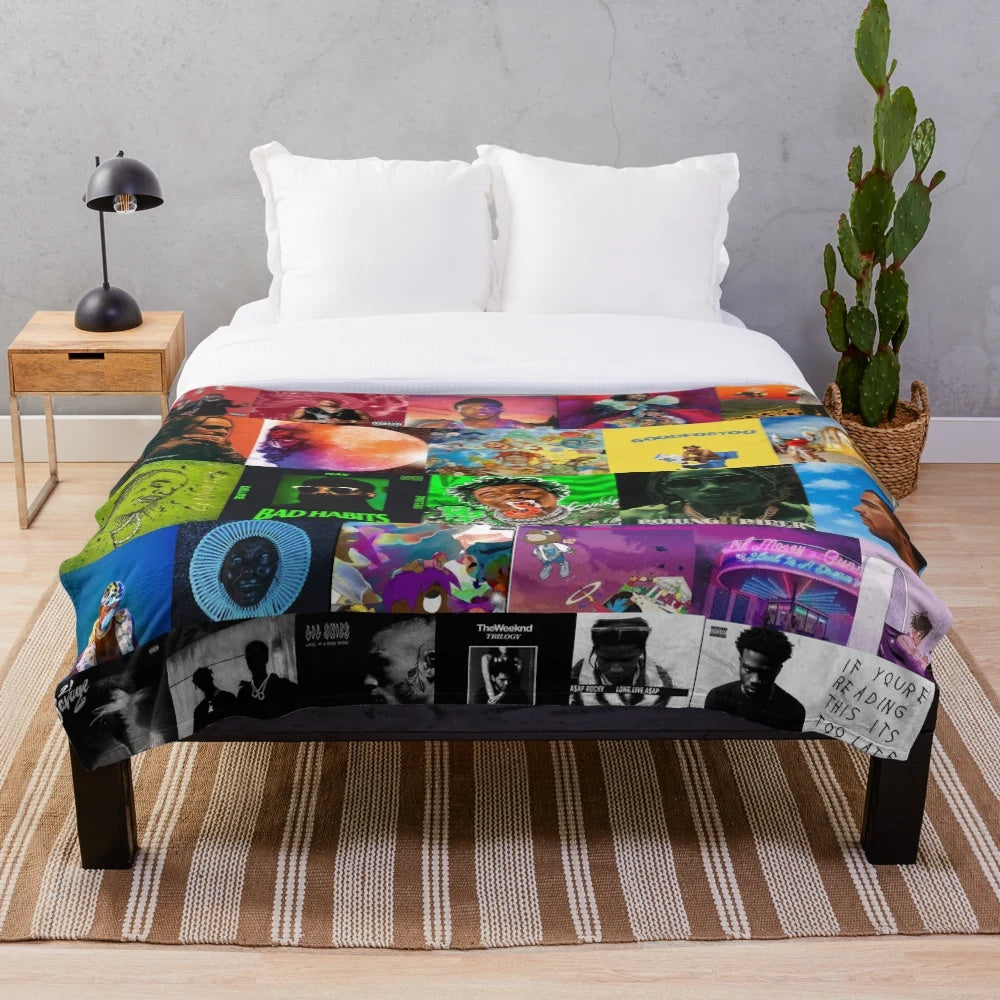 Vibrant album cover collage design printed on a soft, cozy plush blanket