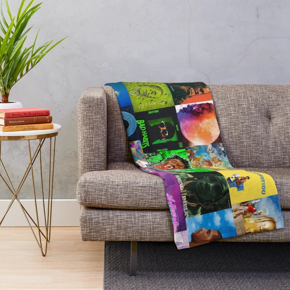 Vibrant album cover collage design printed on a soft, cozy plush blanket