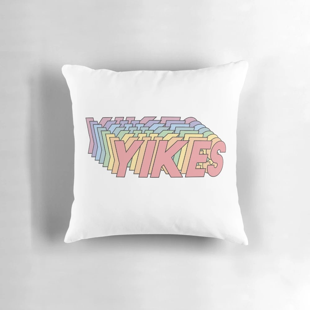 Colorful and humorous Yikes-themed pillow with word art and a snazzy seagull design