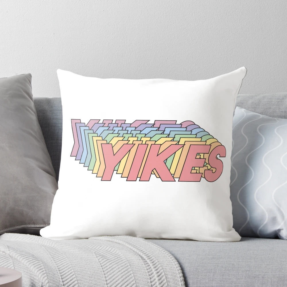Colorful and humorous Yikes-themed pillow with word art and a snazzy seagull design