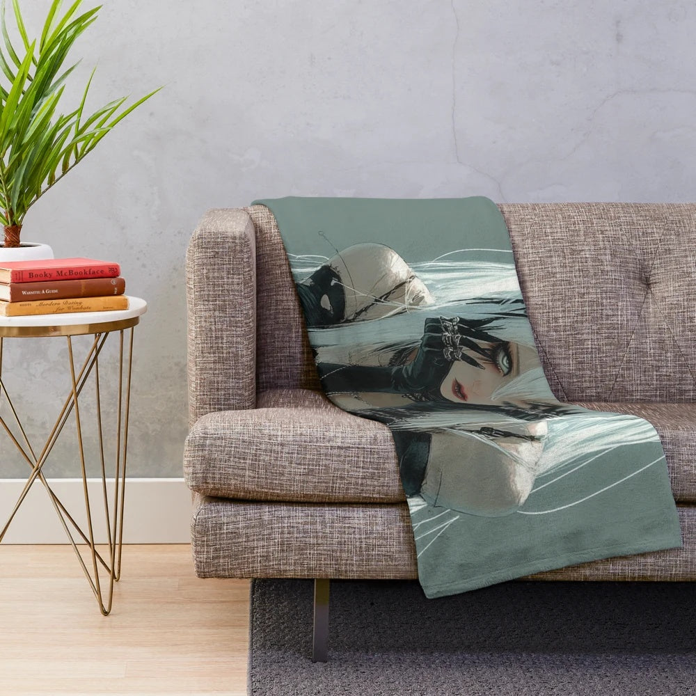 Cozy plush blanket featuring a white-haired anime girl design