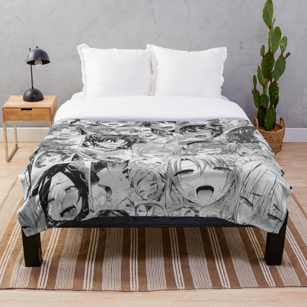 Plush blanket featuring a panel of weird, anime-style faces