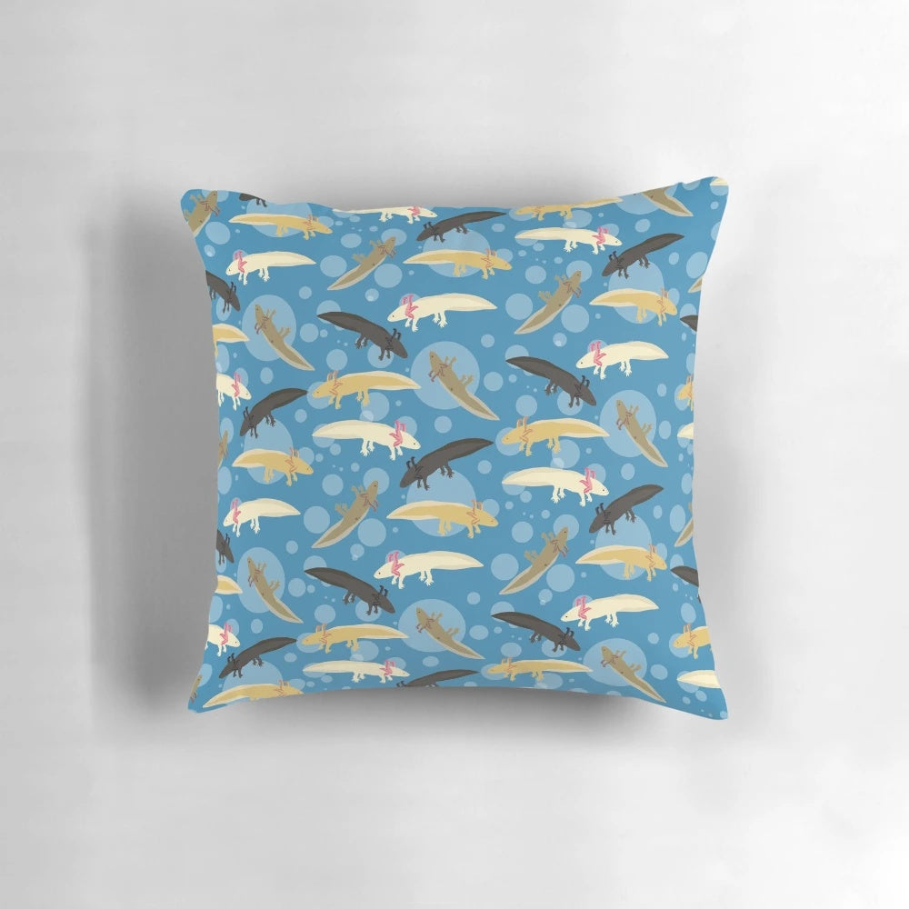 Colorful axolotl pattern on a soft, plush pillow for a whimsical touch to your home.