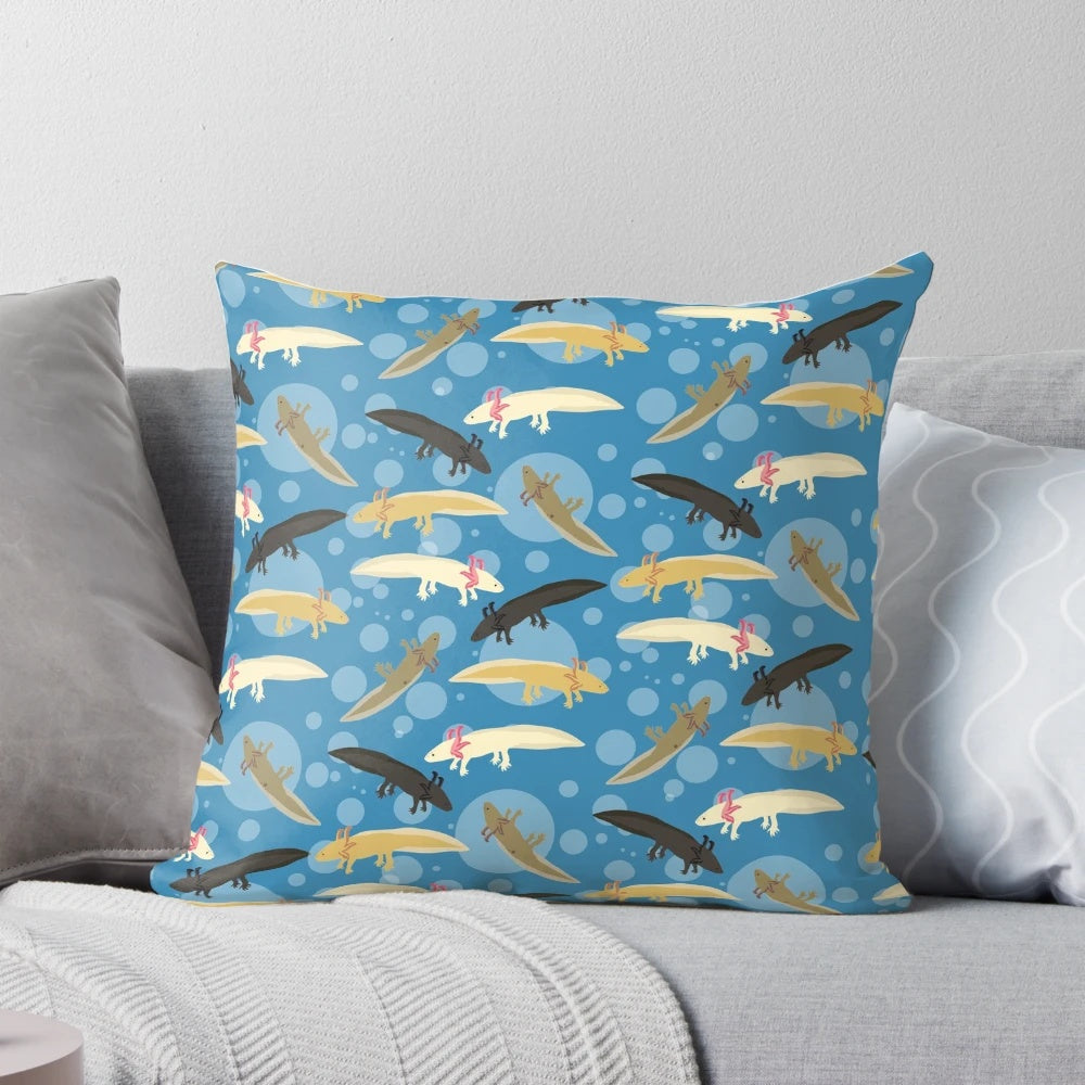 Colorful axolotl pattern on a soft, plush pillow for a whimsical touch to your home.