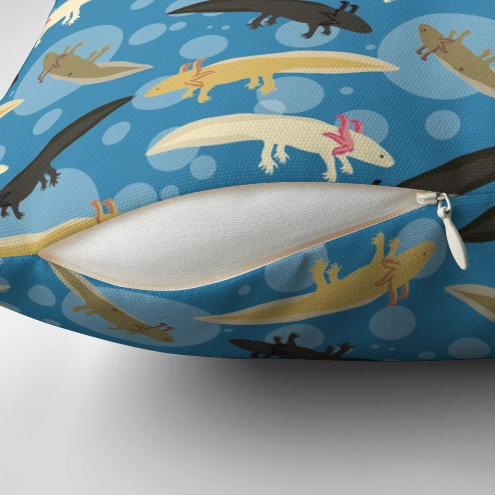 Colorful axolotl pattern on a soft, plush pillow for a whimsical touch to your home.