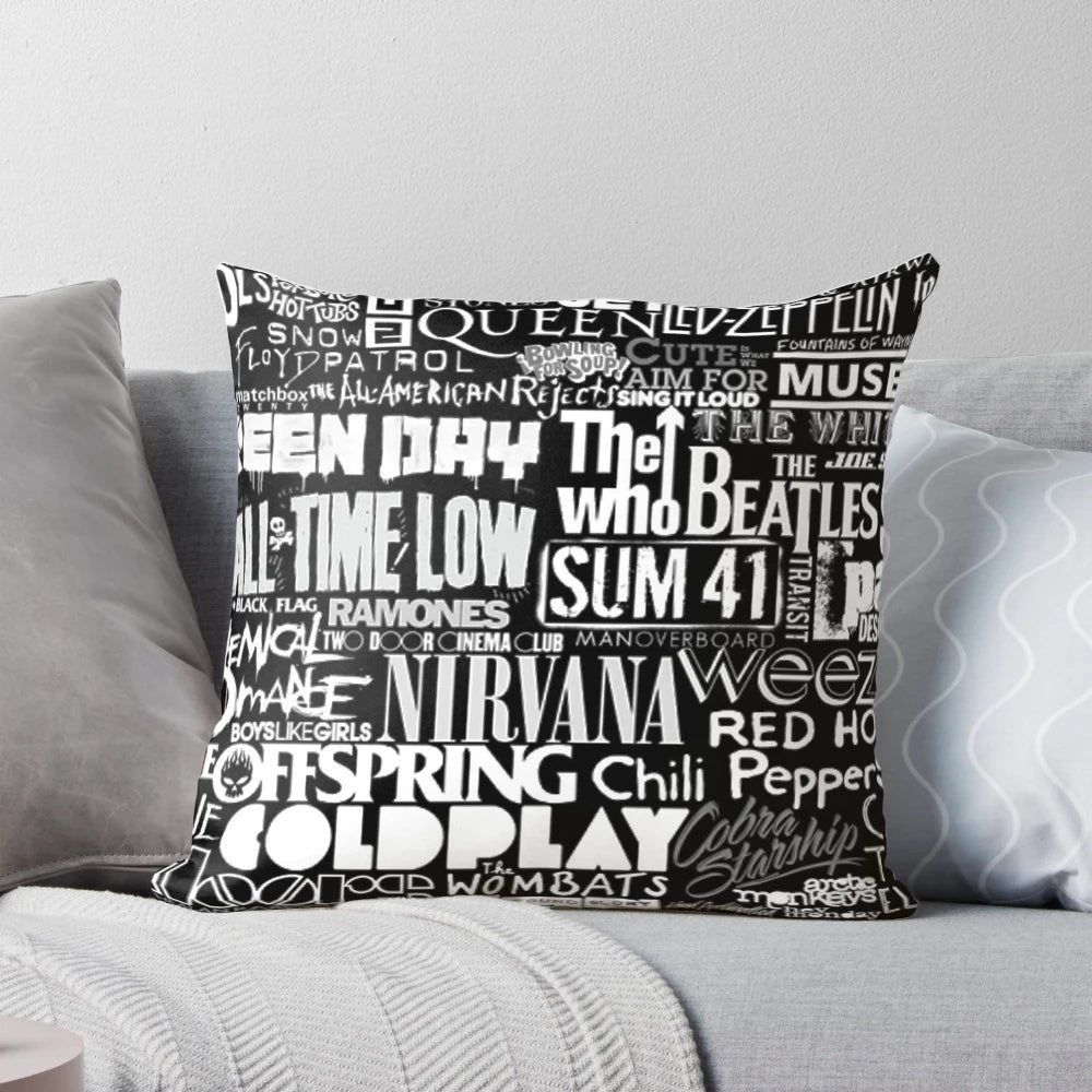 Colorful collage of popular music band logos and artwork printed on a comfortable throw pillow