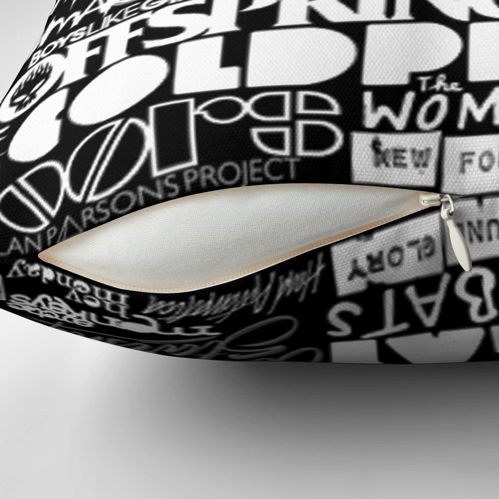 Colorful collage of popular music band logos and artwork printed on a comfortable throw pillow