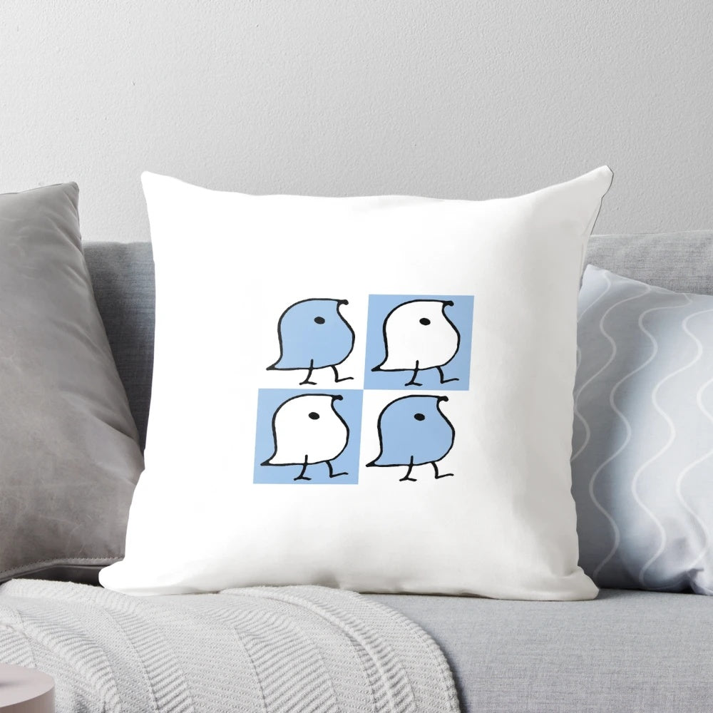 Blue and white wugs pattern printed on a soft, plush pillow