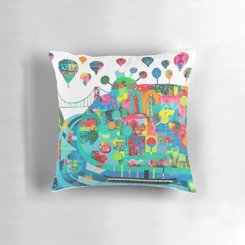Bristol-themed decorative pillow showcasing local landmarks and attractions