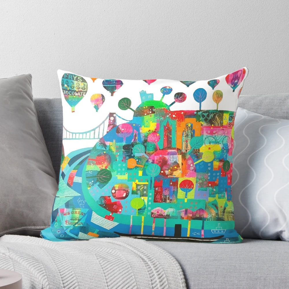 Bristol-themed decorative pillow showcasing local landmarks and attractions
