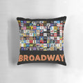 A decorative pillow featuring hand-drawn Broadway musical theatre logos, a unique and stylish home accent.