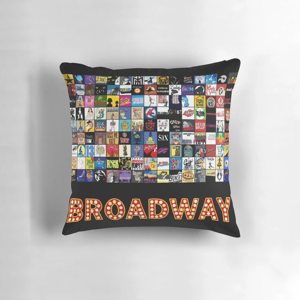 A decorative pillow featuring hand-drawn Broadway musical theatre logos, a unique and stylish home accent.