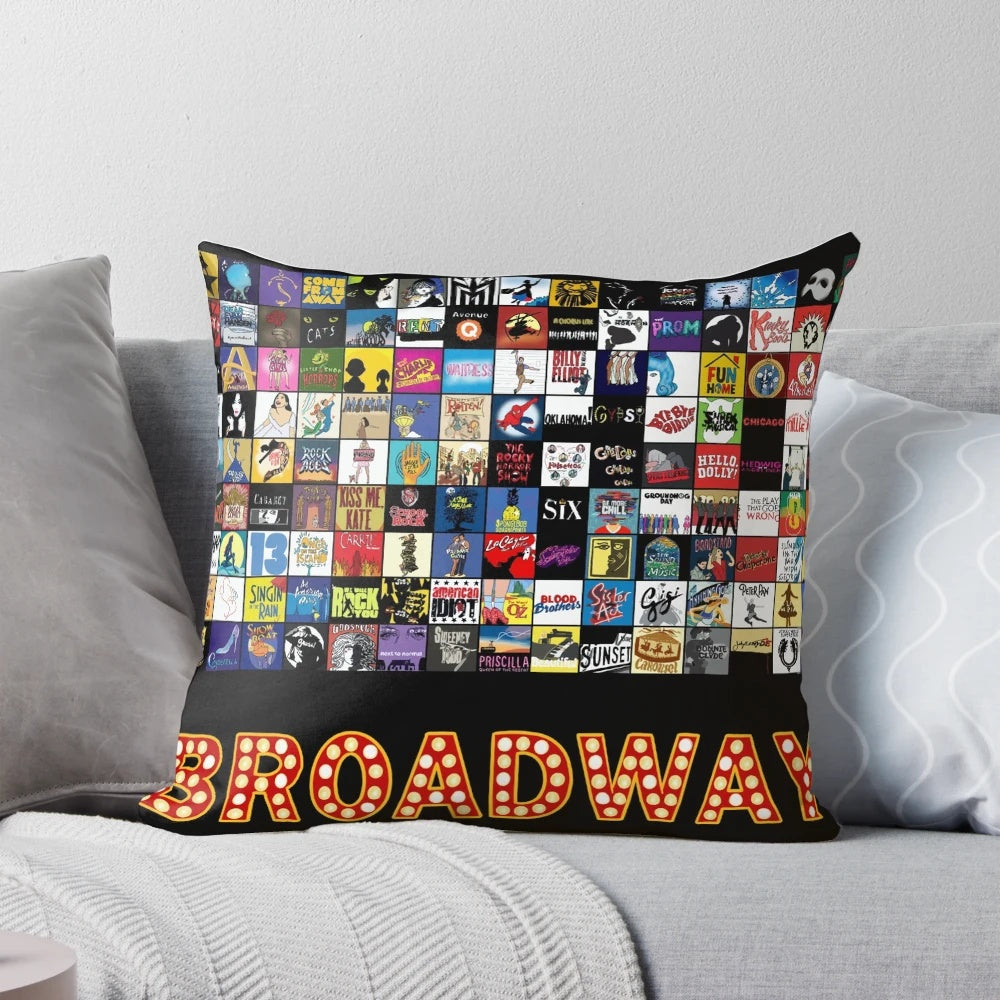 A decorative pillow featuring hand-drawn Broadway musical theatre logos, a unique and stylish home accent.