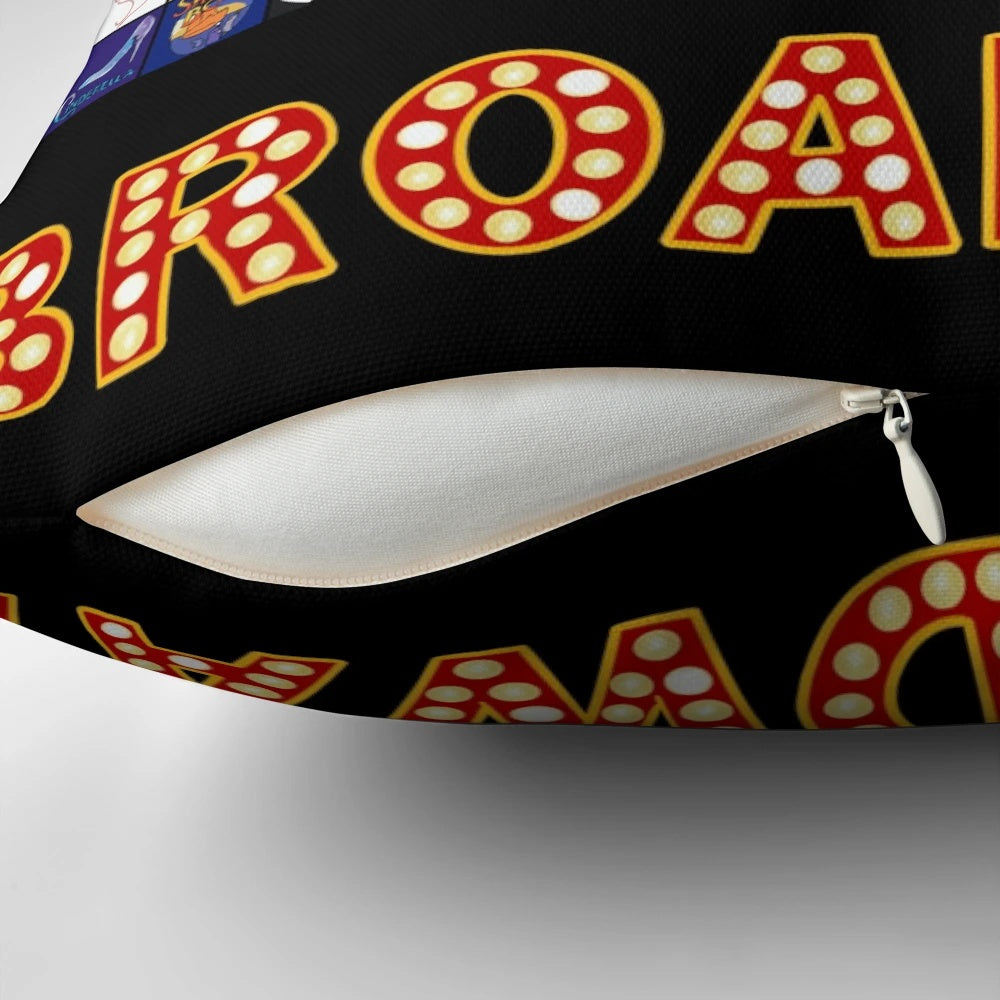 A decorative pillow featuring hand-drawn Broadway musical theatre logos, a unique and stylish home accent.