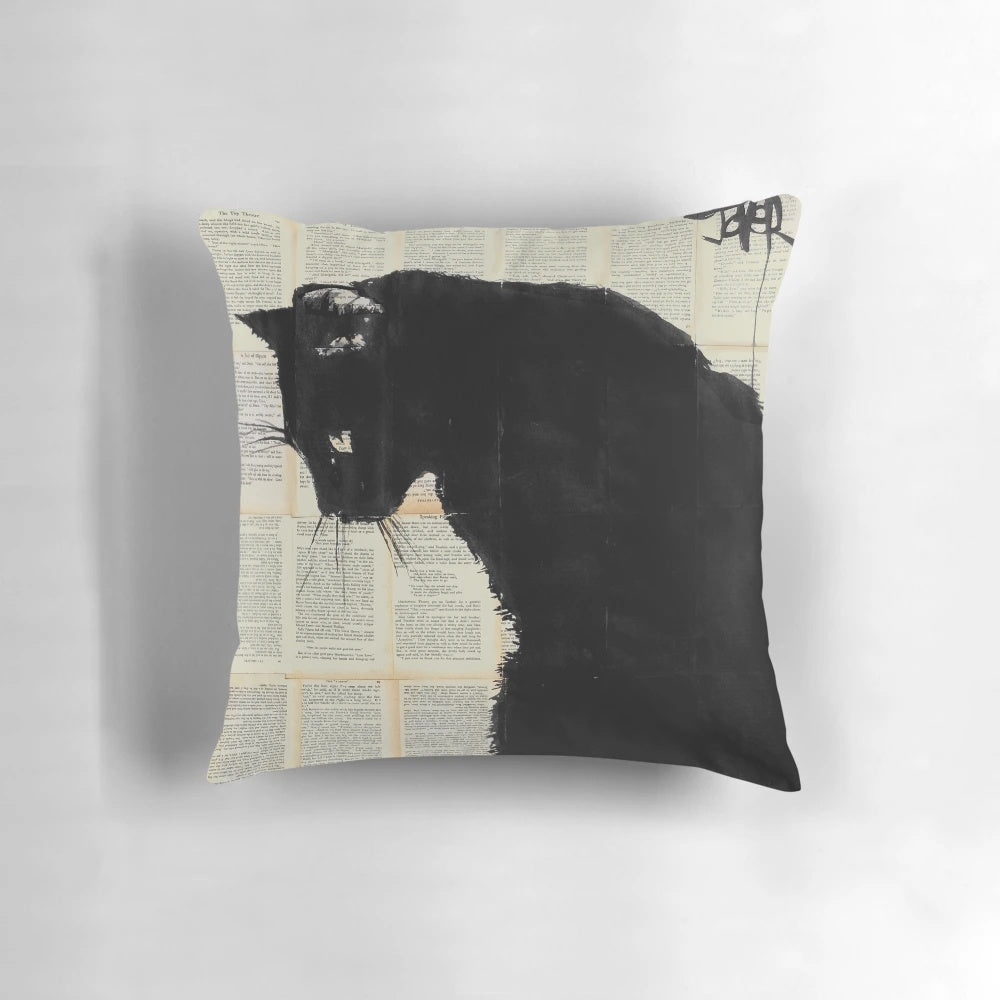 A decorative cat-themed throw pillow featuring a black and white ink drawing on book pages, inspired by the artwork of Loui Jover.