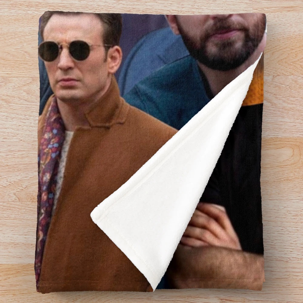 Collage of photos featuring actor Chris Evans printed on a soft, plush blanket