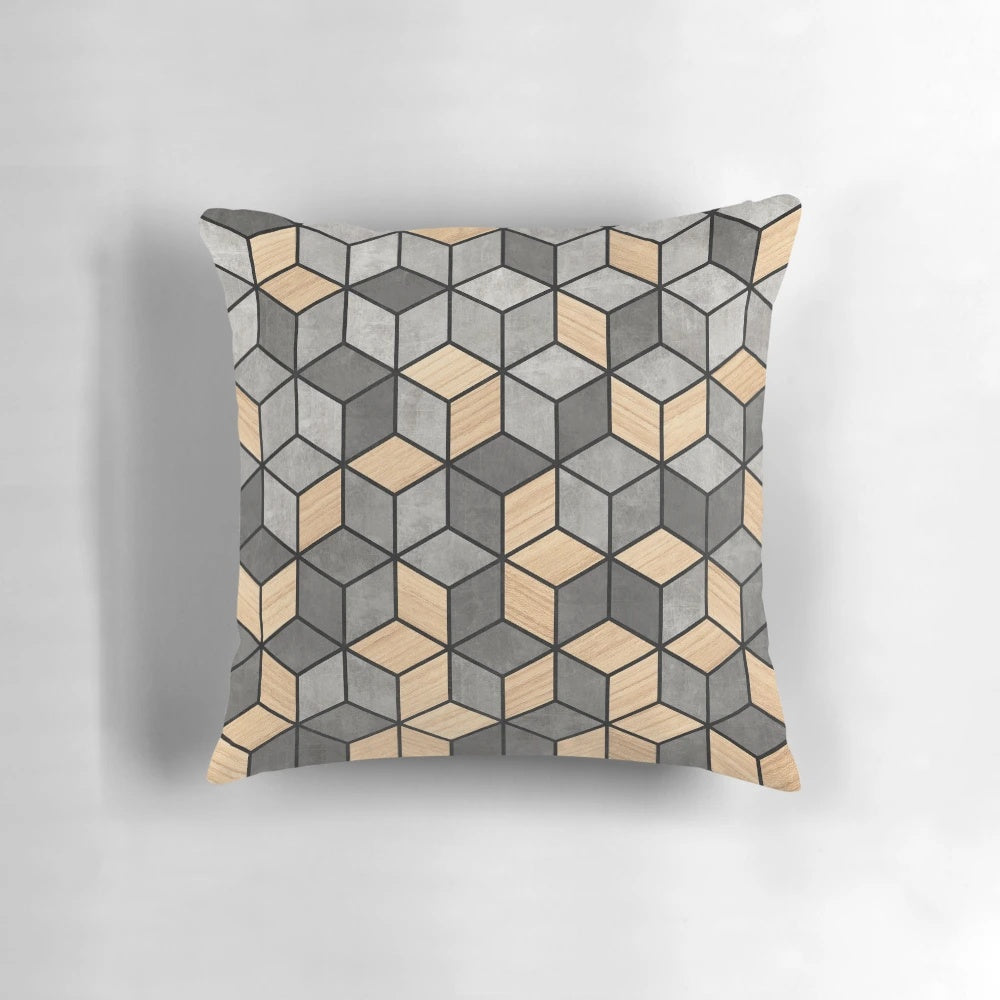 Concrete and wood cubes patterned pillow for modern home decor