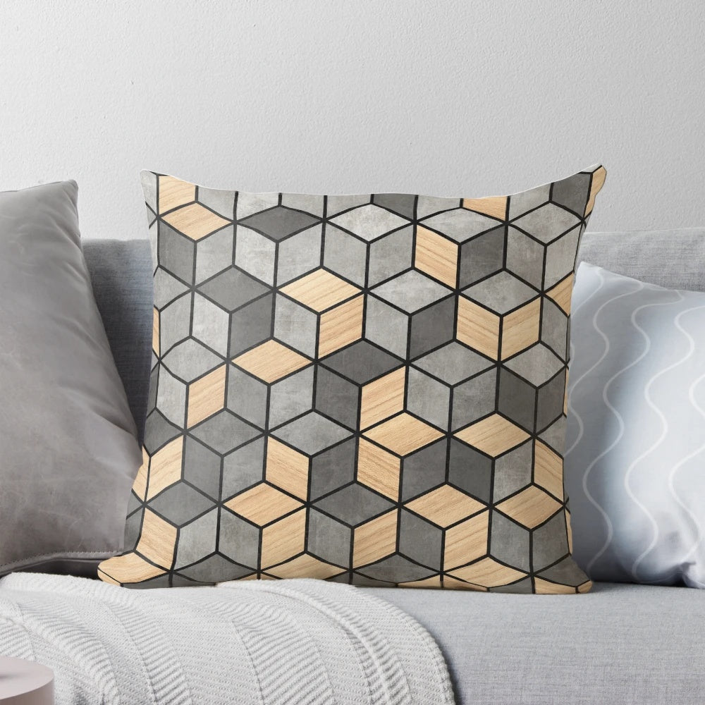 Concrete and wood cubes patterned pillow for modern home decor