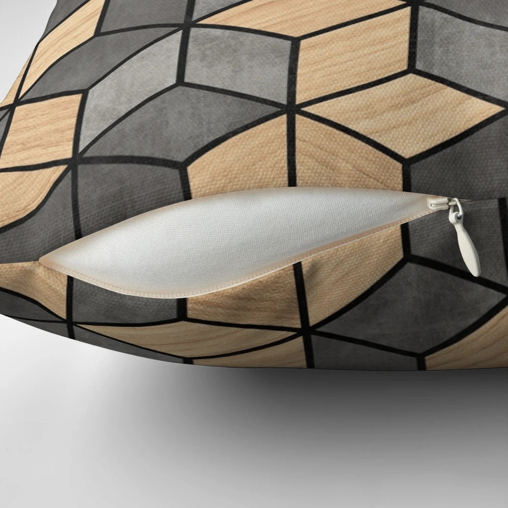 Concrete and wood cubes patterned pillow for modern home decor