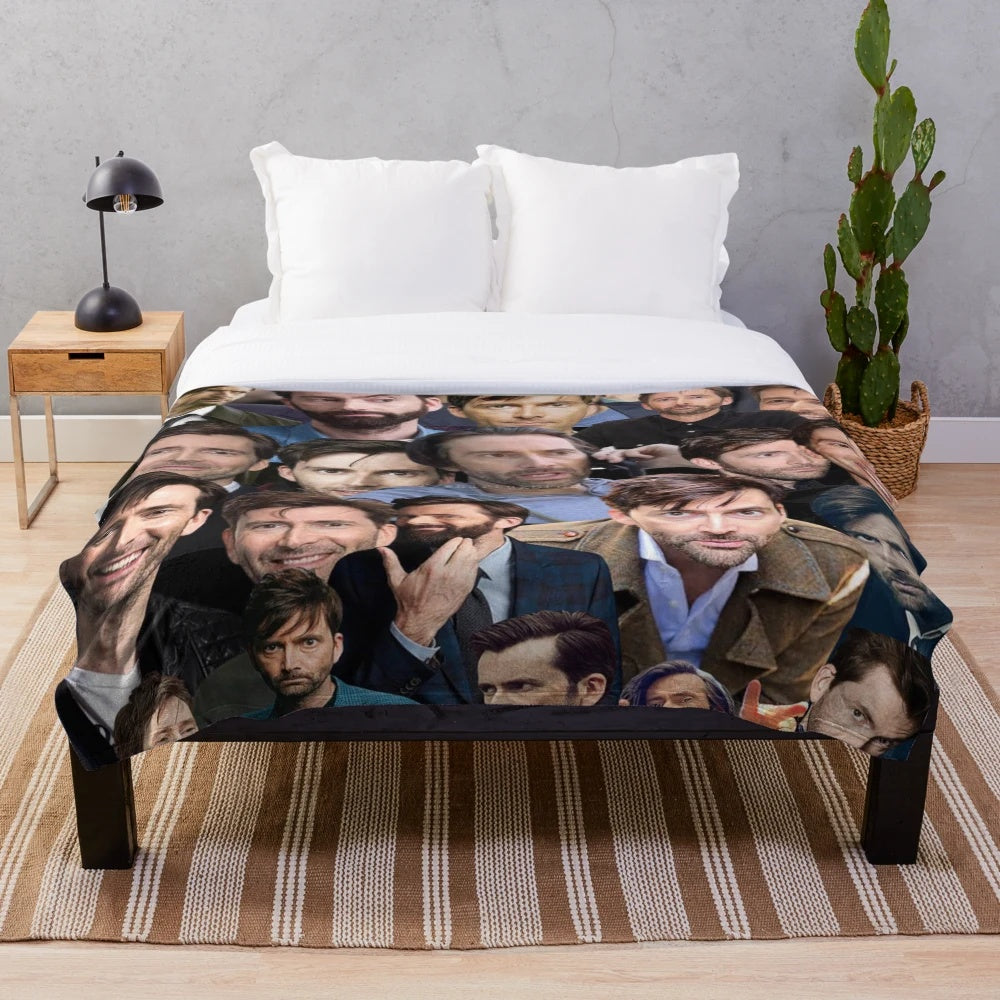 A cozy plush blanket featuring a custom photo collage of David Tennant as the Tenth Doctor from the TV series Doctor Who.