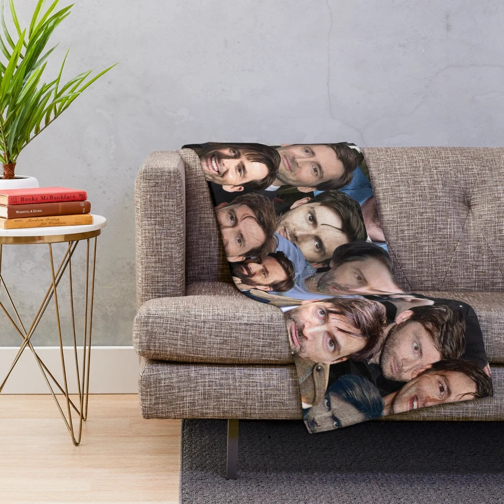 A cozy plush blanket featuring a custom photo collage of David Tennant as the Tenth Doctor from the TV series Doctor Who.