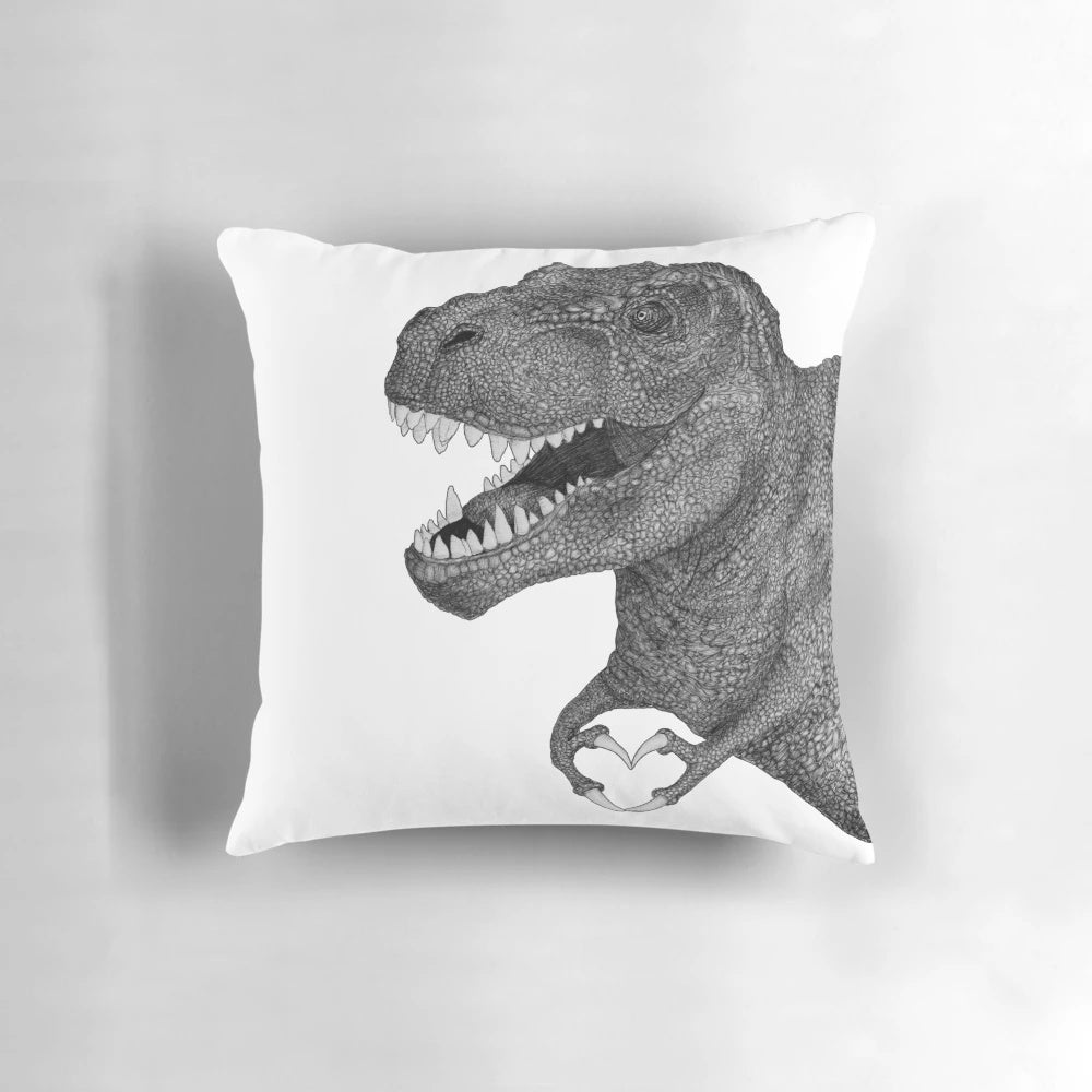 Artistically rendered dinosaur love pillow with heart design
