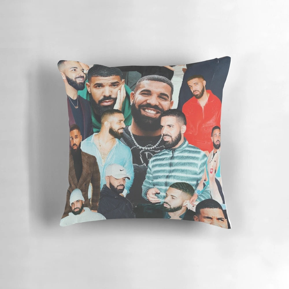 A decorative pillow featuring a custom collage design with images of the rapper Drake.