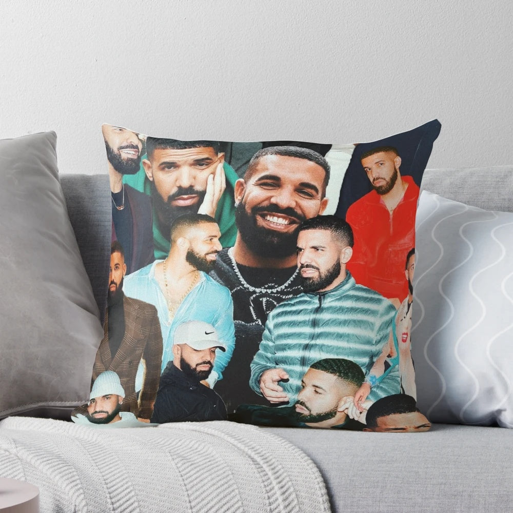A decorative pillow featuring a custom collage design with images of the rapper Drake.
