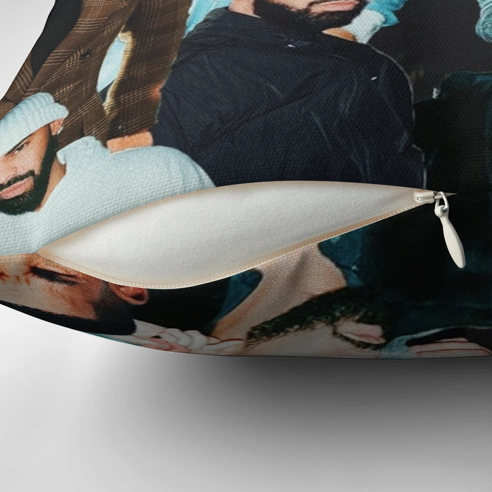 A decorative pillow featuring a custom collage design with images of the rapper Drake.