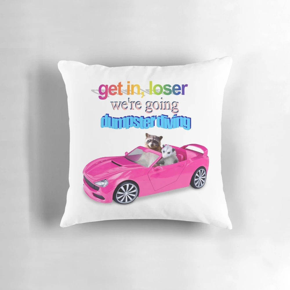 Vibrant word art design featuring a raccoon and possum on a dumpster diving-themed pillow.