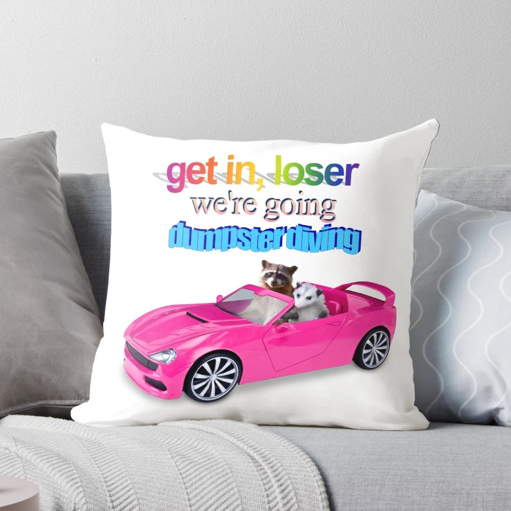 Vibrant word art design featuring a raccoon and possum on a dumpster diving-themed pillow.