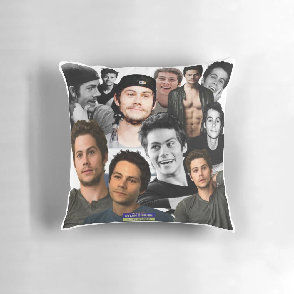 Colorful collage pillow featuring images of actor Dylan O'Brien