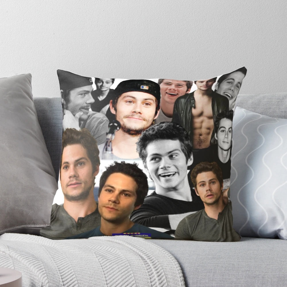 Colorful collage pillow featuring images of actor Dylan O'Brien