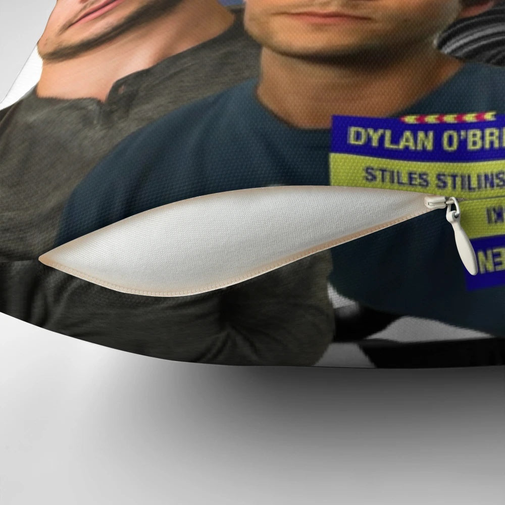 Colorful collage pillow featuring images of actor Dylan O'Brien