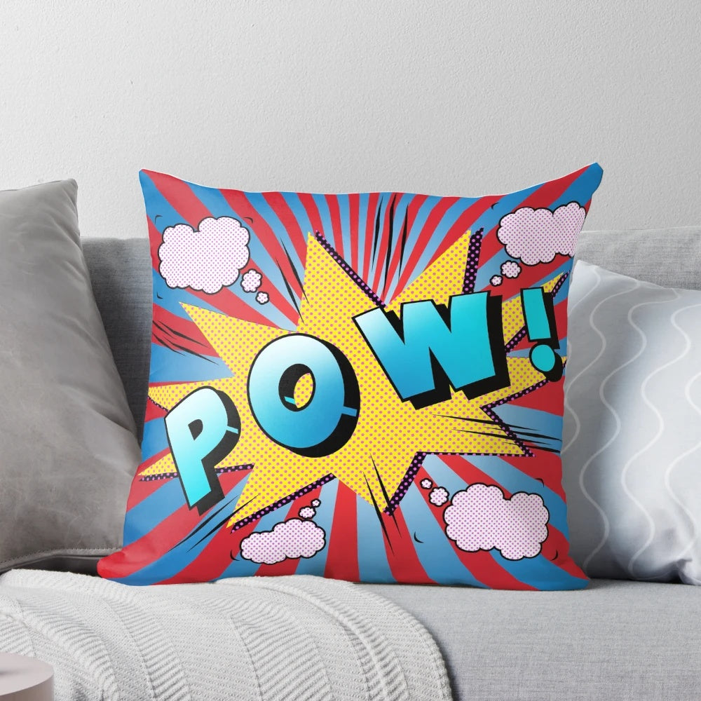 Vibrant pop art-inspired pillow with bold "POW" graphic and playful typography