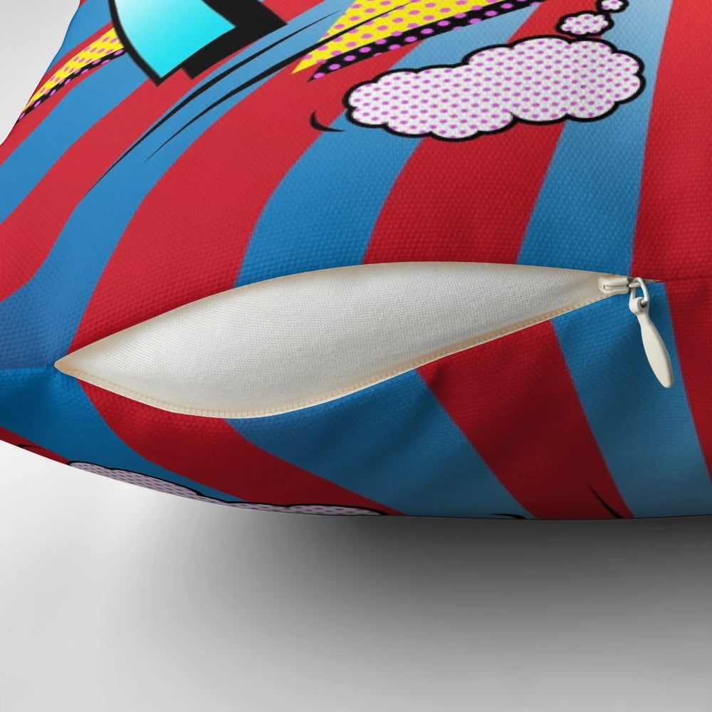 Vibrant pop art-inspired pillow with bold "POW" graphic and playful typography