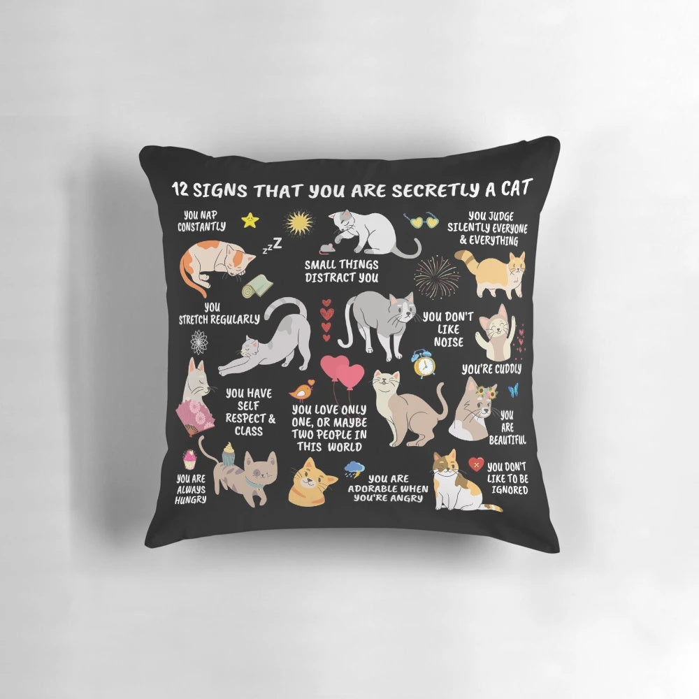 Assortment of cat-themed gifts including a notebook, pillow, and home decor items