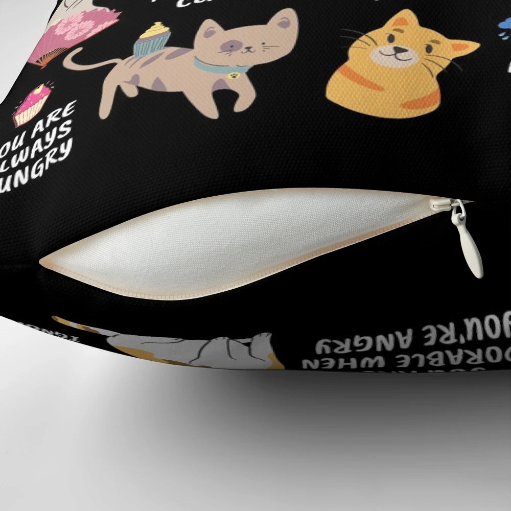 Assortment of cat-themed gifts including a notebook, pillow, and home decor items