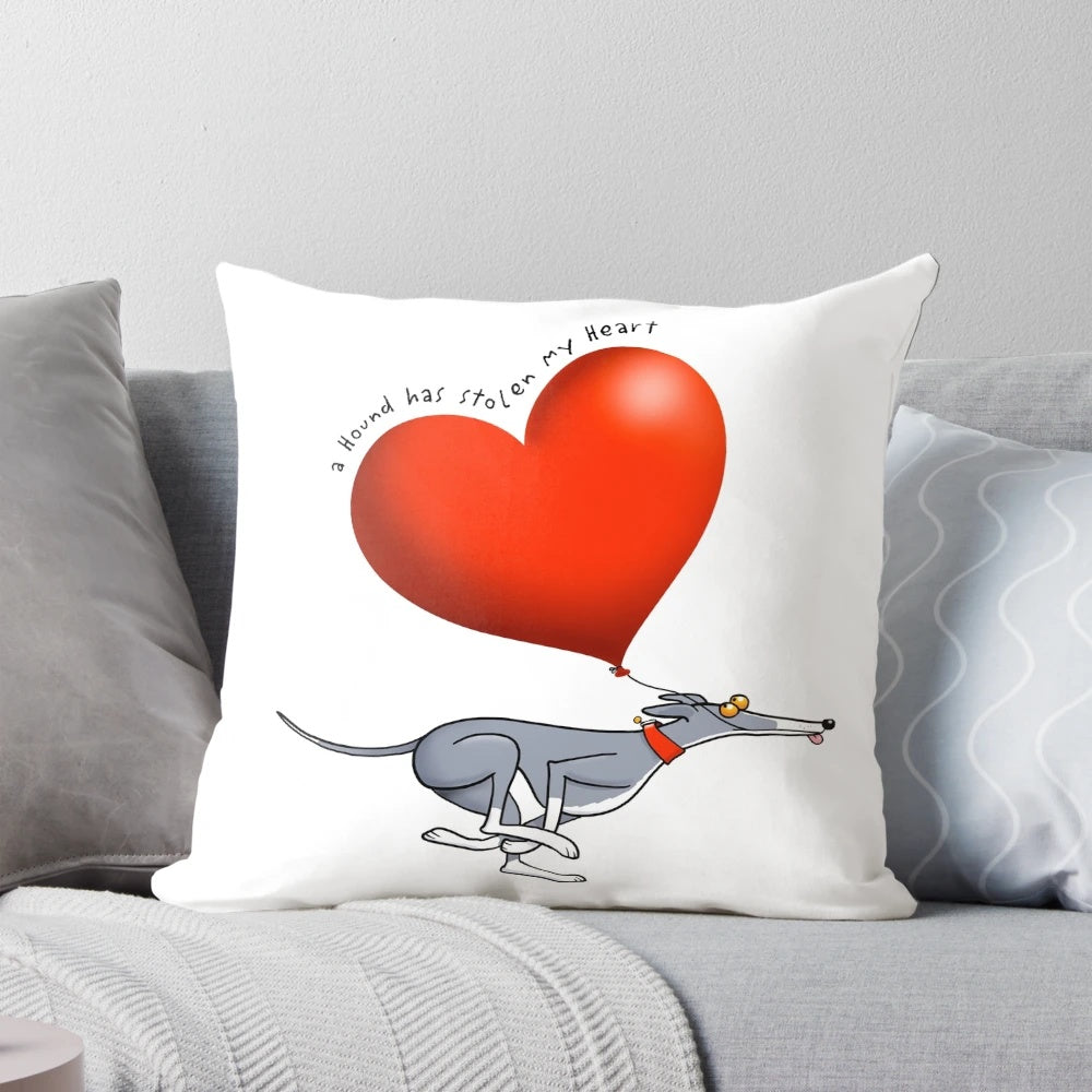 Greyhound pillow with a cartoon heart design by artist Rich Skipworth