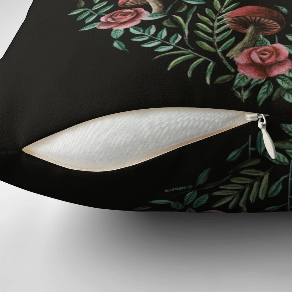 Vibrant and whimsical jump apart pillow featuring a pop surrealist design with rabbits, flowers, and other nature-inspired elements.
