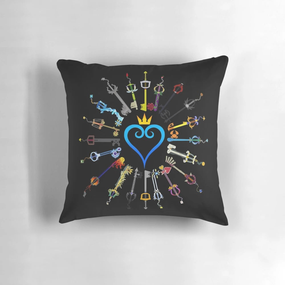 Kingdom Hearts-inspired throw pillow featuring keyblade and heart design