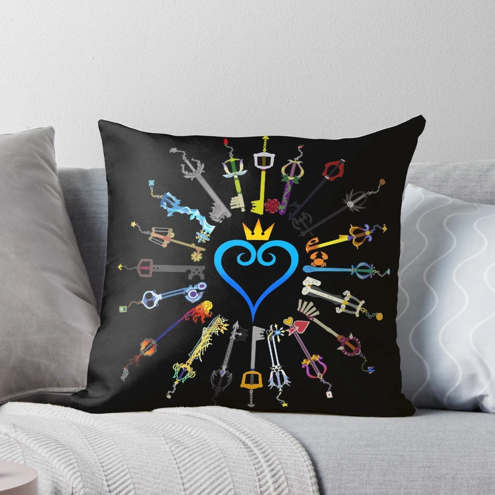 Kingdom Hearts-inspired throw pillow featuring keyblade and heart design