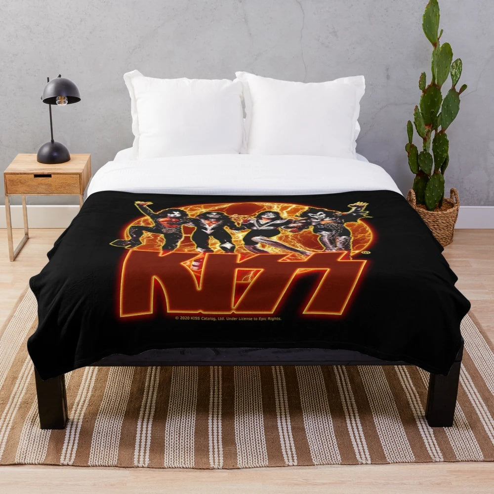 KISS band members plush blanket featuring Demon, Spaceman, Starchild, and Catman
