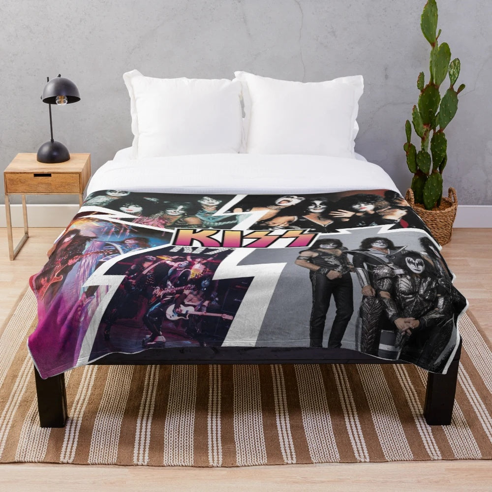 Colorful KISS band plush blanket with collage of band members and logos