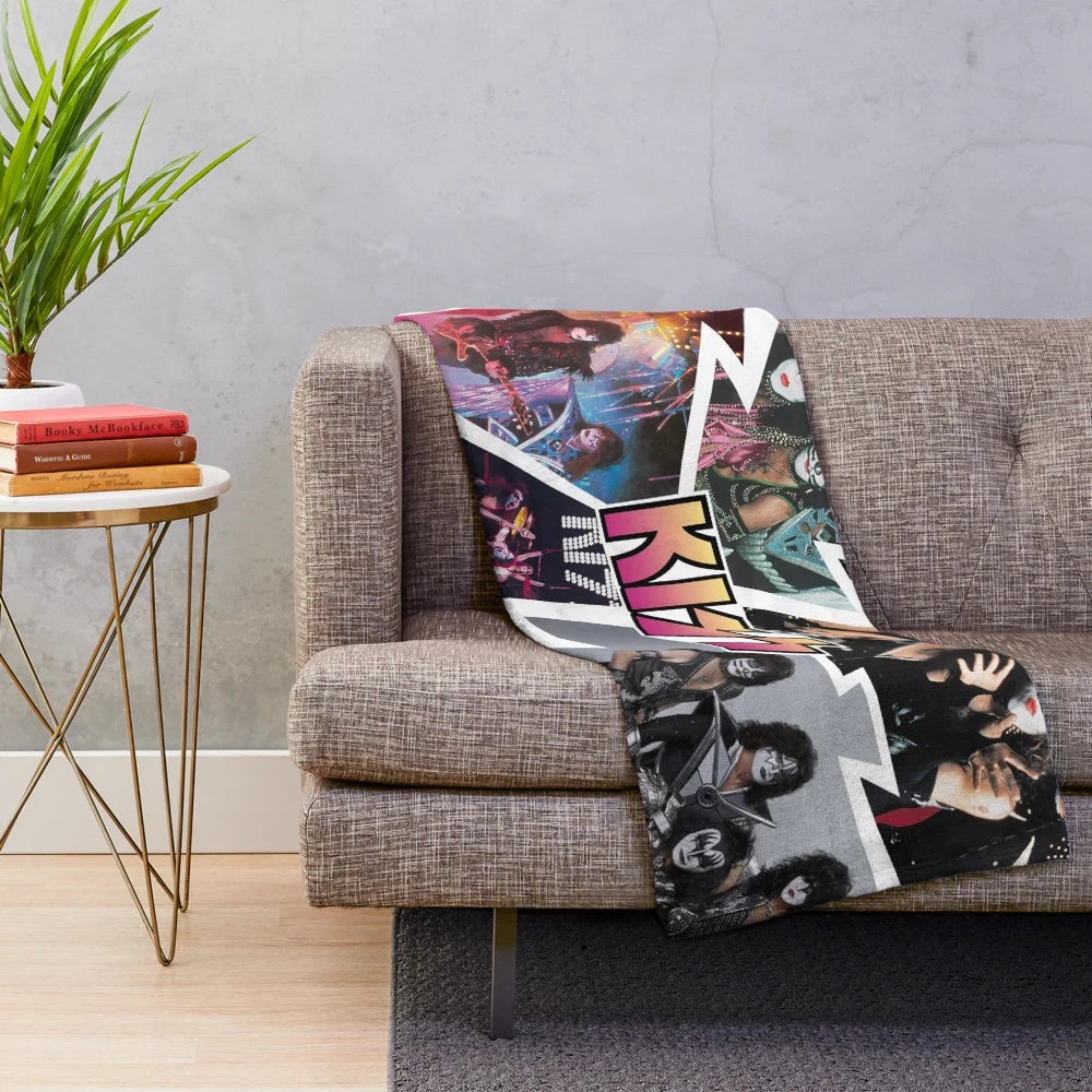 Colorful KISS band plush blanket with collage of band members and logos