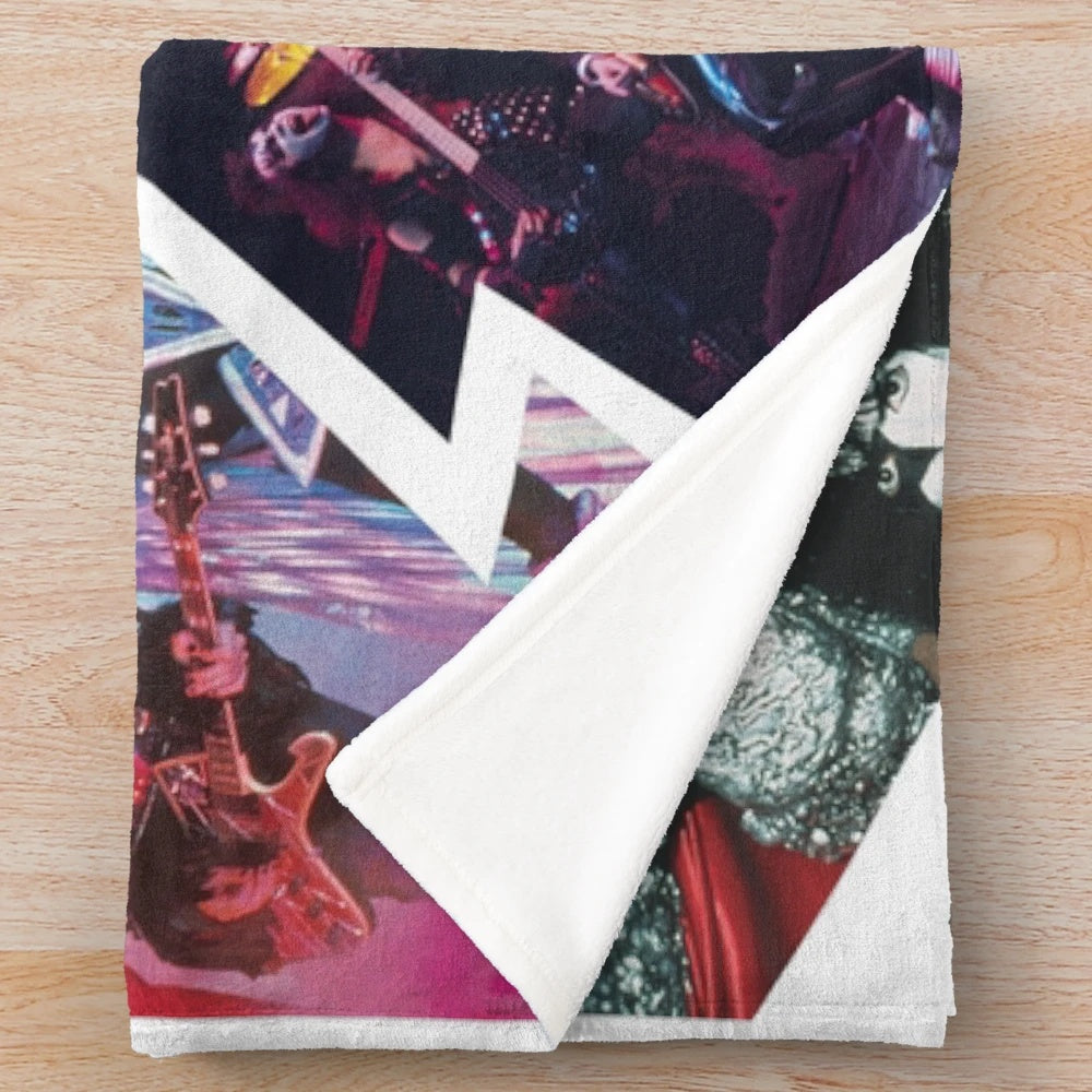 Colorful KISS band plush blanket with collage of band members and logos
